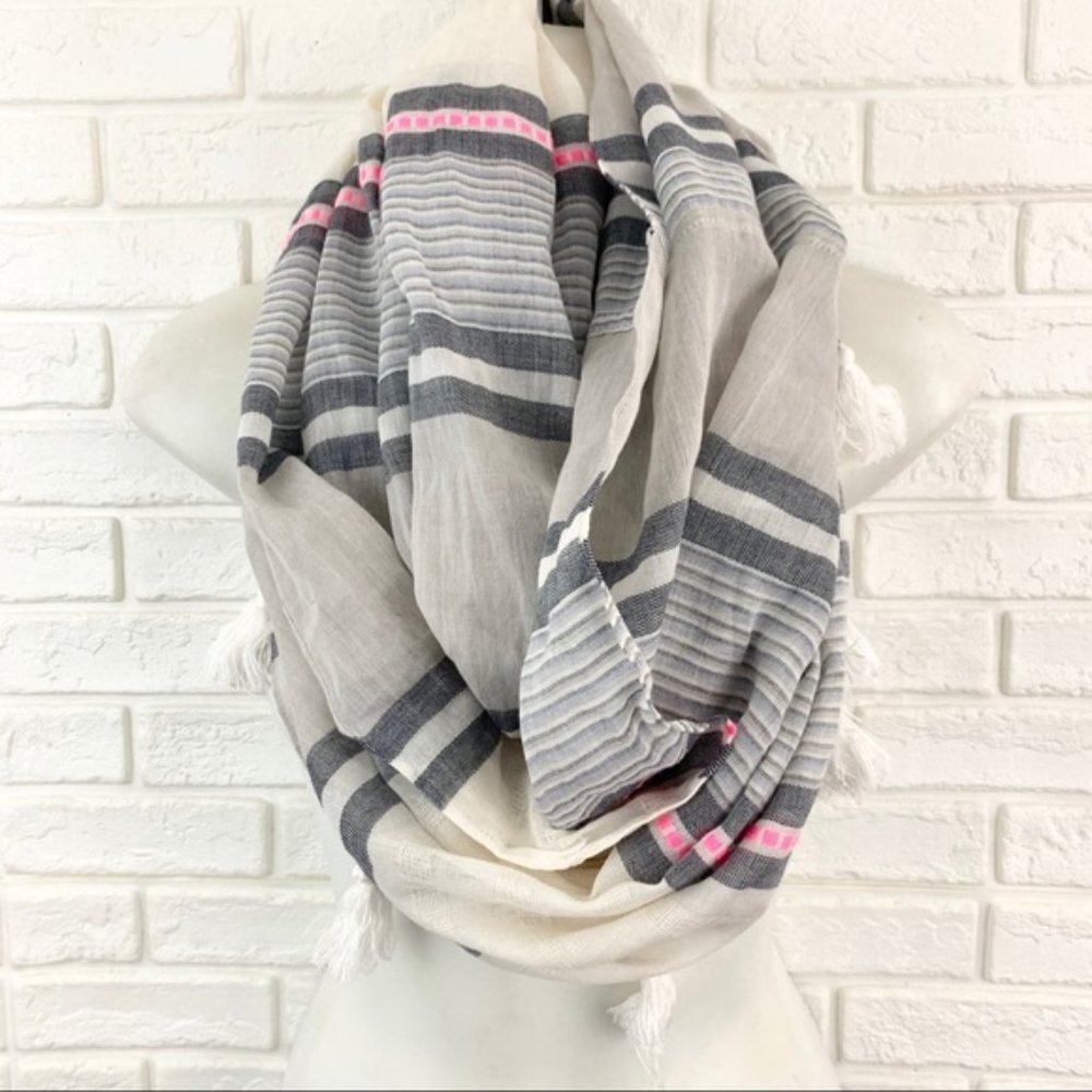 Boho Circle Infinity Scarf with Tassels Light Stripe Pastels